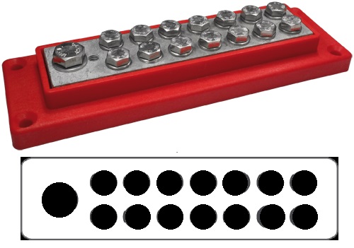 Kopplingsplint 14xM6 + 1xM8, röd